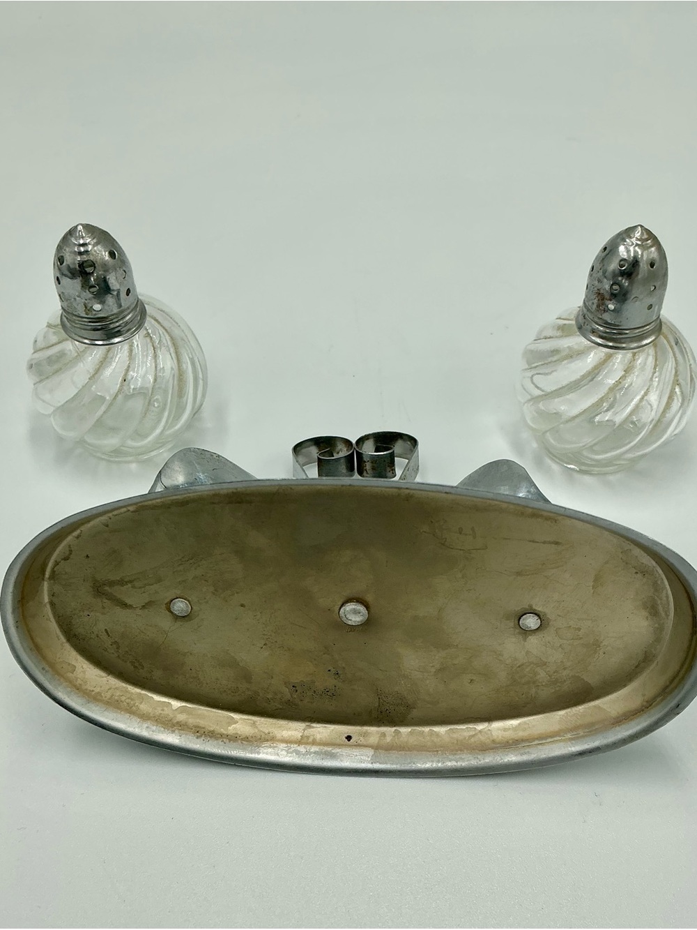 Vintage Silver Tone Clear Glass Mini Salt and Pepper Shakers On Silver Tone Tray - Picture 11 of 11